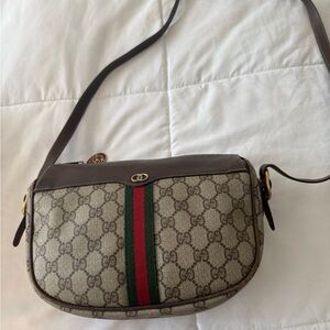 Gucci Beige and Brown Crossbody Bag with Green and Red Stripe